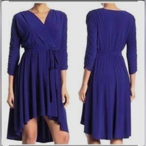 NWT Eliza J Faux Wrap Dress Size 8 Blue Jersey Stretch High Low Hem Tie Waist
